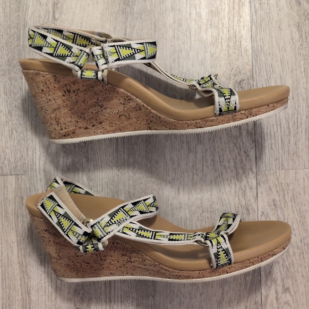 Teva Wedge Sandals with Patterned Straps in Cream and Green